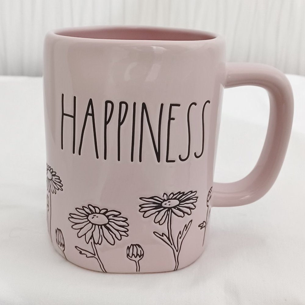 Rae Dunn Happiness with Flowers Light Pink Mug Cup